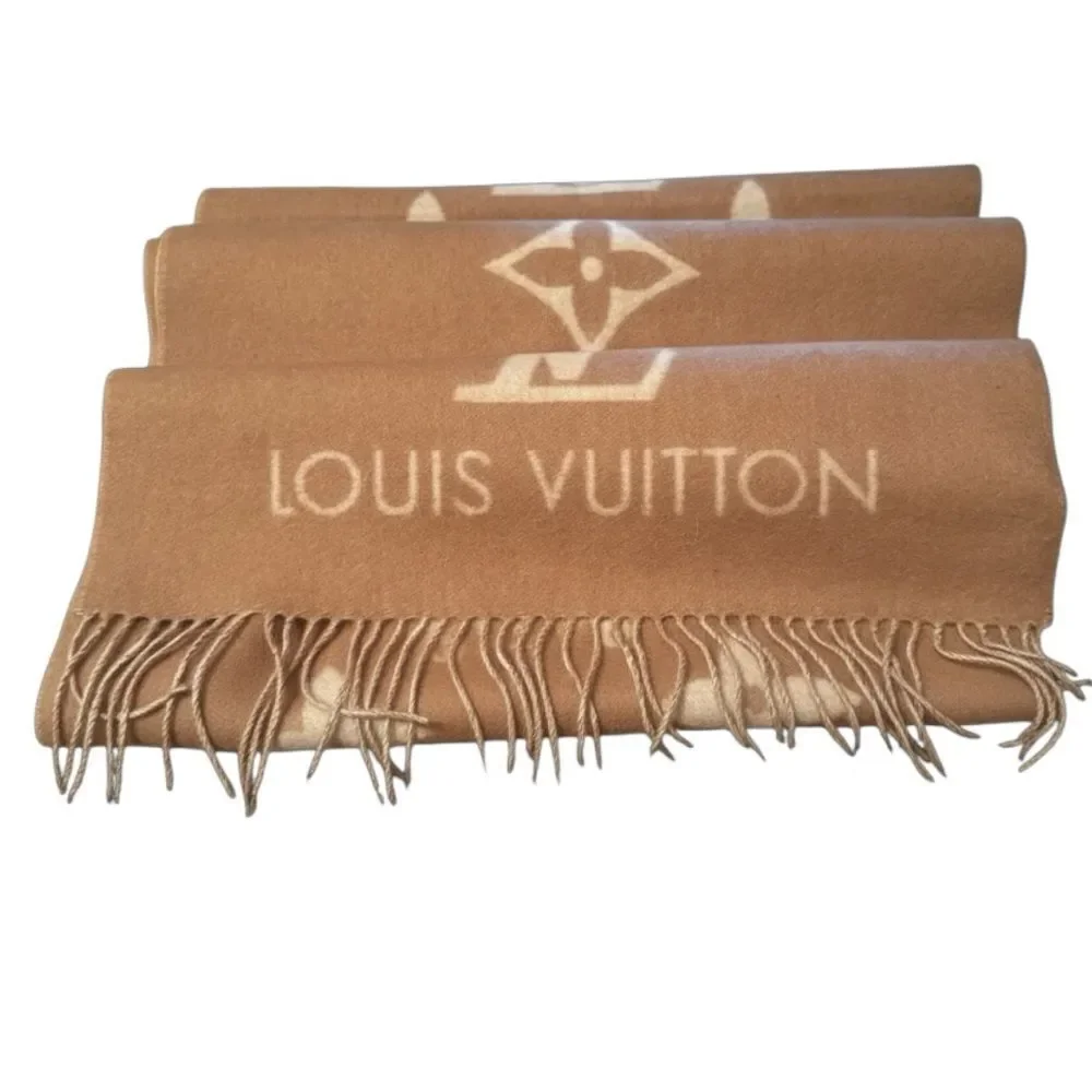 NWT Louis Vuitton Cream & Sable Brown 100% Cashmere M76067 LV Monogram Scarf